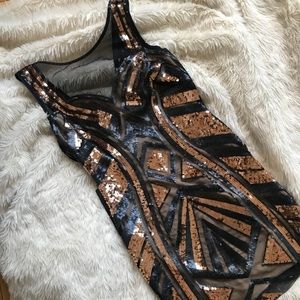 Bebe Sequin Mini Dress Black Copper Good Bodycon
